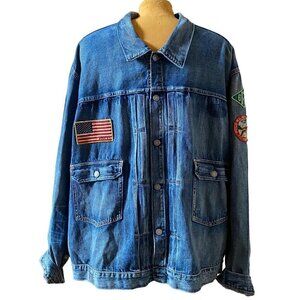 Polo Ralph Lauren Sportsman Distress Patch Trucker Jean Jacket Big 4X USA FLAG